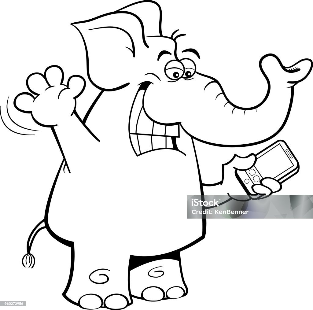 Cartoon elephant holding a cell phone. Black and white illustration of an elephant holding a cell phone. Animal stock vector