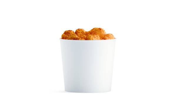 Blank white food bucket with chicken wings mockup isolated Blank white food bucket with chicken wings mockup isolated, 3d rendering. Empty pail fastfood front side view. Paper hen bucketful design mock up. nuggets heat stock pictures, royalty-free photos & images