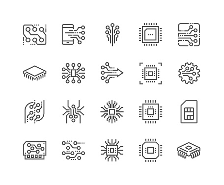 Simple Set of Abstract Electronics Related Vector Line Icons. Contains such Icons as Spider Bot, Chip, Circuit, Abstract Electronic Module and more. Editable Stroke. 48x48 Pixel Perfect.