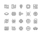 Simple Set of Abstract Electronics Related Vector Line Icons. Contains such Icons as Spider Bot, Chip, Circuit, Abstract Electronic Module and more. Editable Stroke. 48x48 Pixel Perfect.