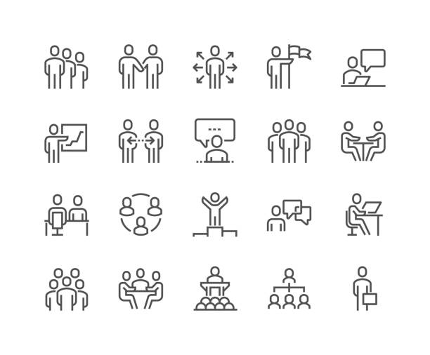 Line Business People Icons Simple Set of Business People Related Vector Line Icons. Contains such Icons as One-on-One Meeting, Workplace, Business Communication, Team Structure and more. Editable Stroke. 48x48 Pixel Perfect. graphite stock illustrations