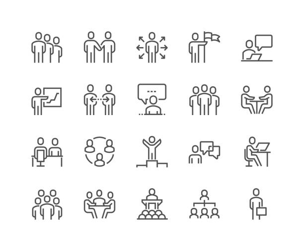 Line Business People Icons Simple Set of Business People Related Vector Line Icons. Contains such Icons as One-on-One Meeting, Workplace, Business Communication, Team Structure and more. Editable Stroke. 48x48 Pixel Perfect. finance meeting stock illustrations