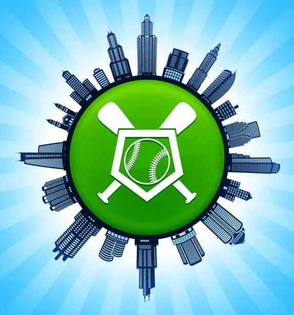 Vector illustration of Baseball Crest on Modern Cityscape Skyline Background