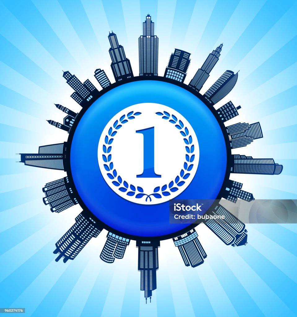 1st Place Medal on Modern Cityscape Skyline Background 1st Place Medal on Modern Cityscape Skyline Background. The main image depicted is placed on a shiny round button. The button is in the center of the illustration. a detailed 100% vector cityscape skyline is placed around the circumference of the button and includes various office, residential condominium and commercial real estate buildings. There is a blue sky background with a star burst glow rendered behind the buildings. The image is ideal for displaying city life concepts and ideas. Architecture stock vector