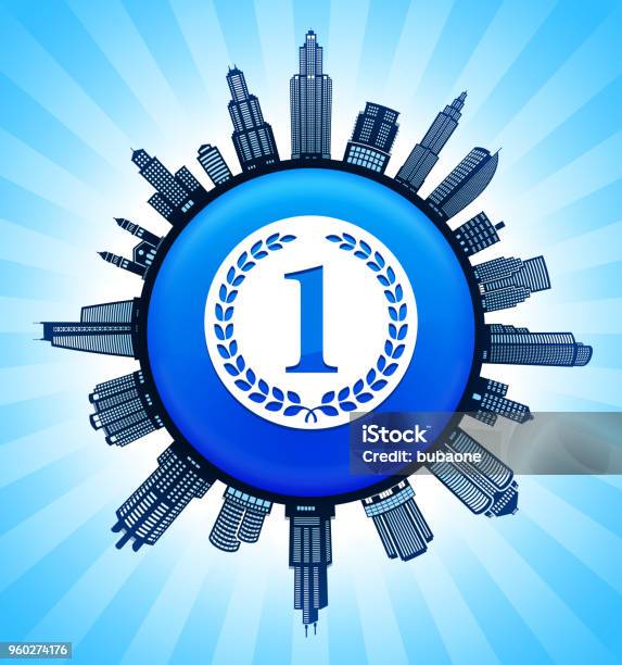 1st Place Medal On Modern Cityscape Skyline Background Stock Illustration - Download Image Now