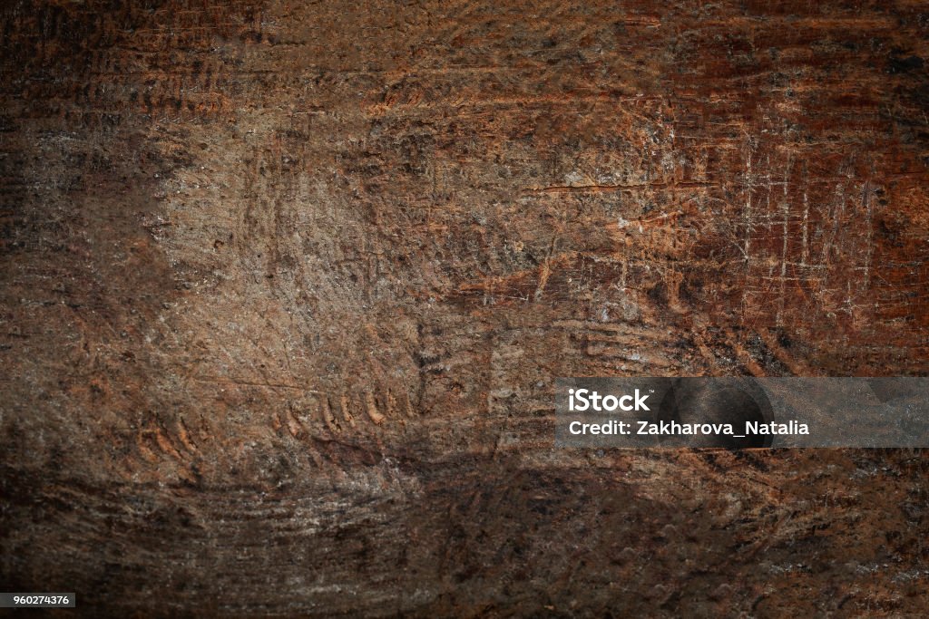 Wood texture, Brown scratched wooden cutting board. Natural Dark Background. Wood - Material Stock Photo