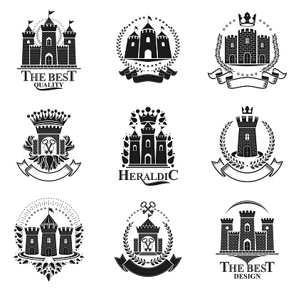 Ancient Castles emblems set. Heraldic Coat of Arms decorative signs isolated vector illustrations collection.