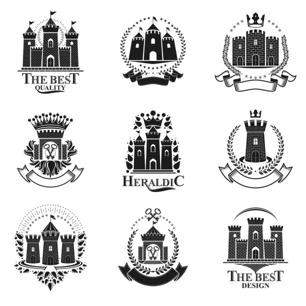 Vector illustration of Ancient Castles emblems set. Heraldic Coat of Arms decorative signs isolated vector illustrations collection.
