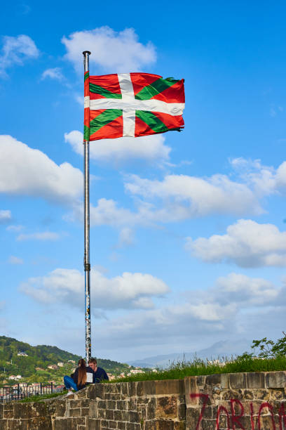 Closeup of Ruffled Basque Country Flag, Basque Country Flag Blowing in Wind