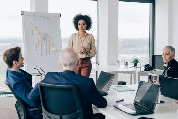 istock Multi-gender coworkers at presentation at work 960282216