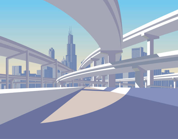 autobahn-überführung und stadt skyline im sonnenlicht - ausfahrt stock-grafiken, -clipart, -cartoons und -symbole