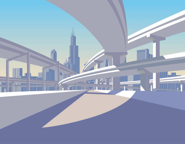 太陽の光で高速道路の高架と街のスカイライン - multiple lane highway点のイラスト素材／クリップアート素材／マンガ素材／アイコン素材