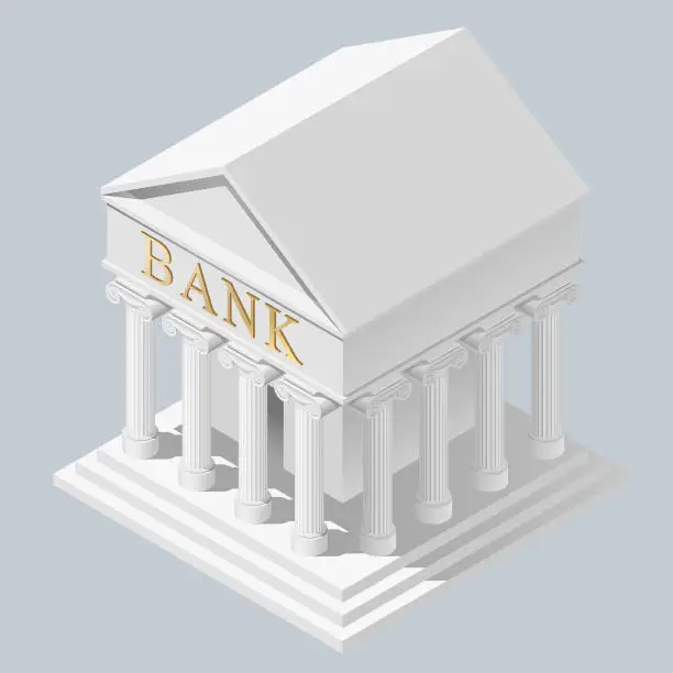 Vector illustration of Isometric projection of white bank building in antique style