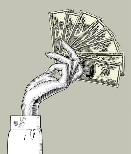 Woman's hand palm down with fan of 100 dollars bank notes. Vintage engraving stylized drawing. Vector illustration