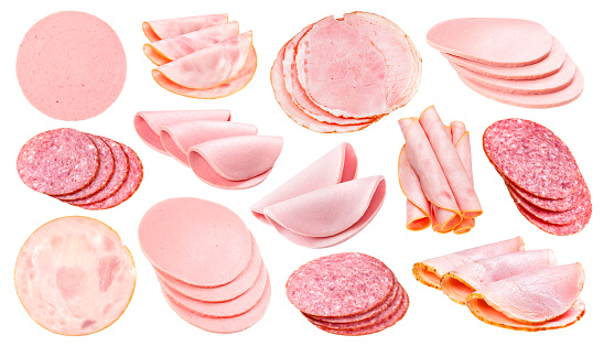 Slices of different sausage, ham and salami isolated on white background with clipping path, collection