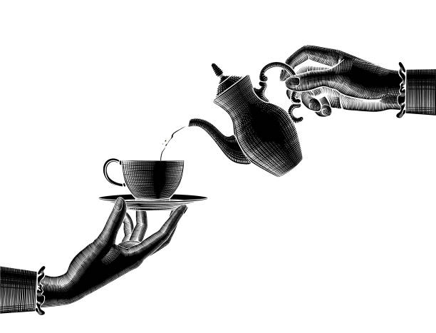 illustrations, cliparts, dessins animés et icônes de silhouette noire des mains de deux femmes avec un pot de café et de la coupe - old fashioned horizontal black coffee cup