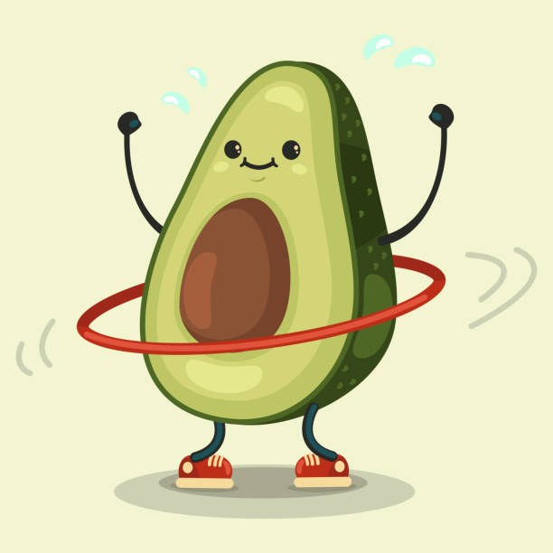 Cute Avocado cartoon character doing exercises with hula hoop. Vector cartoon flat illustration isolated on background. Eating healthy and fitness. Funny kawaii fruit working out fitness. Exercise with hula hoop. Vector cartoon illustration. avocado stock illustrations