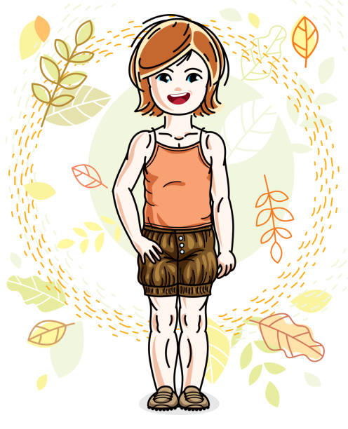 ilustrações, clipart, desenhos animados e ícones de feliz ruiva menina bonitinha posando em plano de fundo da paisagem de outono e vestindo roupas da moda casuais. personagem de vetor. - little girls autumn child red hair