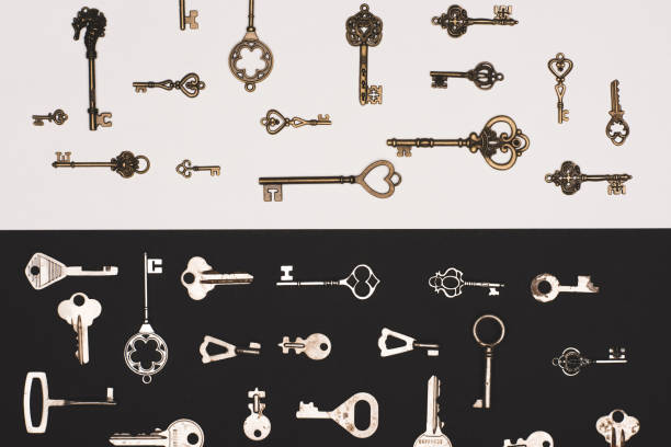 istock top view of different vintage keys over black and white background 960302370