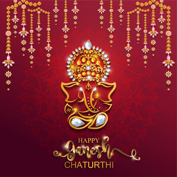 Festival of Ganesh Chaturthi with golden shiny Lord Ganesha patterned and crystals on paper color Background. Festival of Ganesh Chaturthi with golden shiny Lord Ganesha patterned and crystals on paper color Background. ganesha stock illustrations