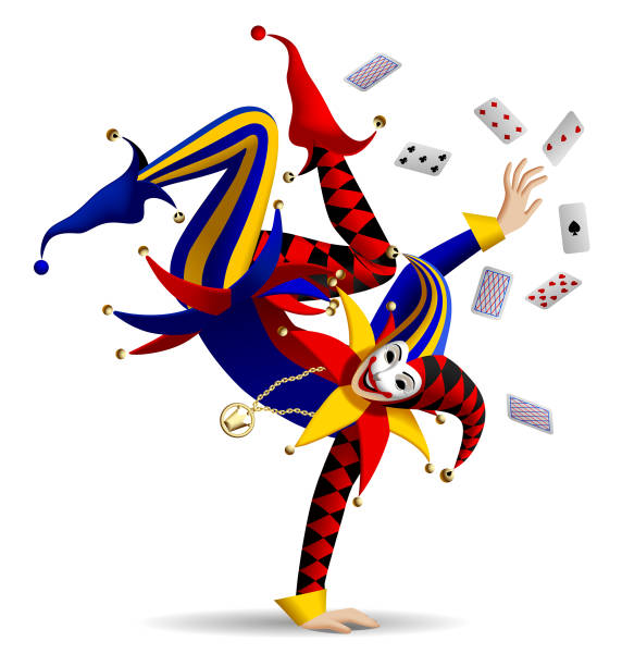 Dancing Joker with playing cards on white Dancing Joker with playing cards on white. Three dimensional stylized drawing. Vector illustration court jester stock illustrations