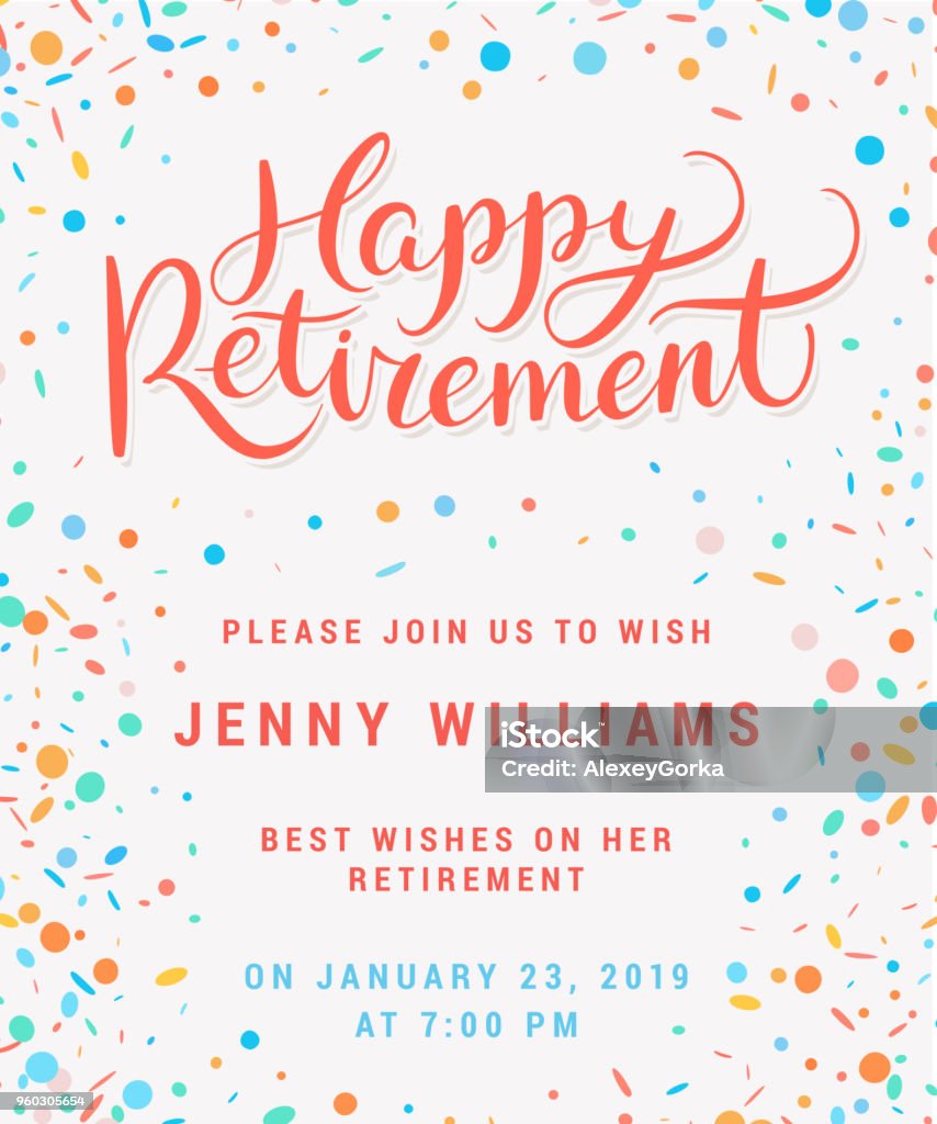 Happy retirement. Party invitation. Happy retirement. Party invitation. Hand lettering. Vector hand drawn illustration. Retirement stock vector