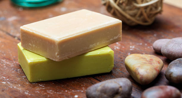 istock Natural handmade soap bars on wooden background 960313522