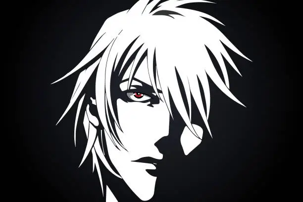 Vector illustration of Anime face from cartoon with anime red eyes on black and white background. Vector illustration