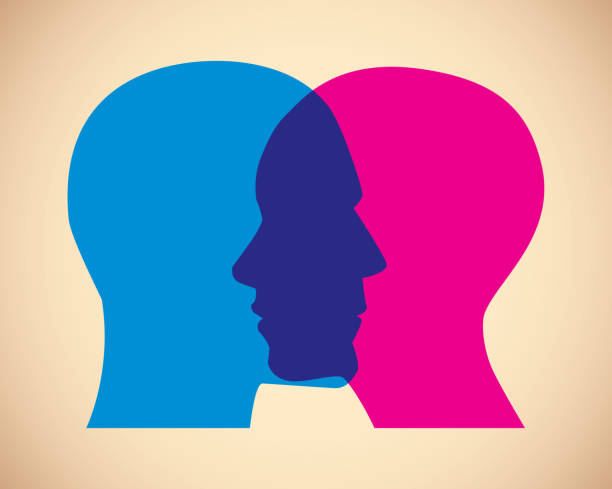 Man and Woman Faces Overlapping Vector illustration of a man and woman's blue and pink faces overlapping against a tan background. face to face stock illustrations