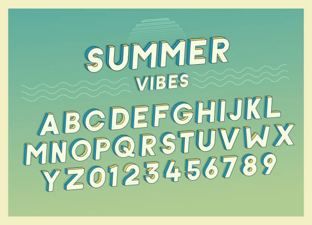 summer vibes schrift effekt design mit retro-farben. vektorgrafiken. beinhaltet vollständige alphabet und zahlen - surfing beach surf wave stock-grafiken, -clipart, -cartoons und -symbole