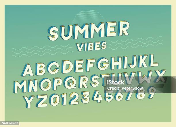 Summer Vibes Schrift Effekt Design Mit Retrofarben Vektorgrafiken Beinhaltet Vollständige Alphabet Und Zahlen Stock Vektor Art und mehr Bilder von Maschinenschrift