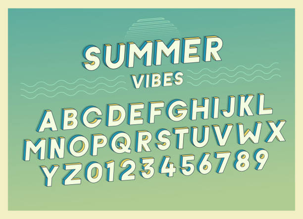 illustrations, cliparts, dessins animés et icônes de summer vibes polices effet design avec couleurs rétro. vecteur de l’art. des chiffres et alphabet complet - wave surfing sea surf