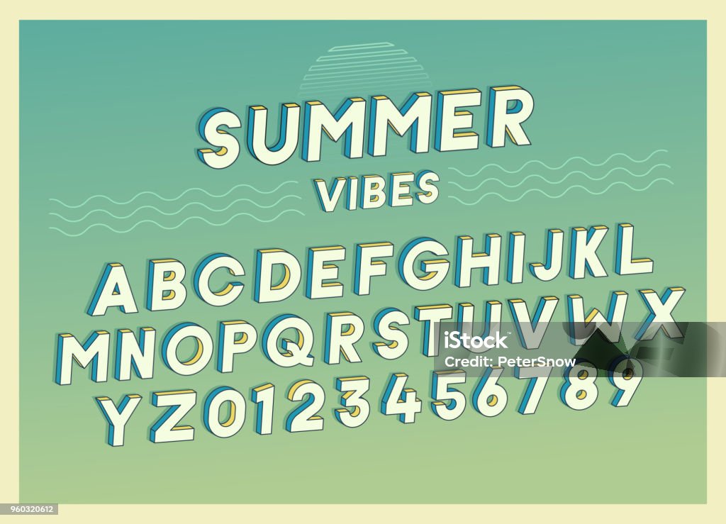 Summer Vibes font effect design with retro colors. Vector art. Includes full alphabet and numbers vector eps10 Typescript stock vector