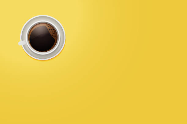 ilustrações de stock, clip art, desenhos animados e ícones de top view of a coffee mug. vector cup of coffee on a vivid yellow desktop background with copyspace. - coffee top view