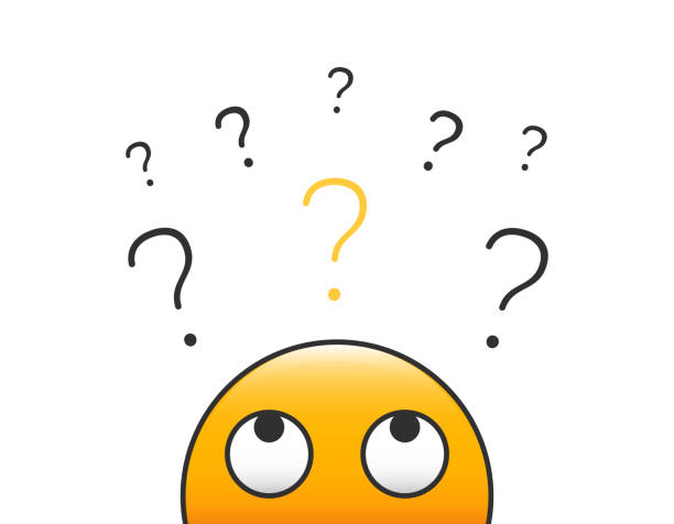 Emoticon character person head looking up at a stack of question marks. Vector illustration design with transparent background for curiosity, doubt, uncertainty and problem solving concepts. vector eps10 interview event clipart stock illustrations
