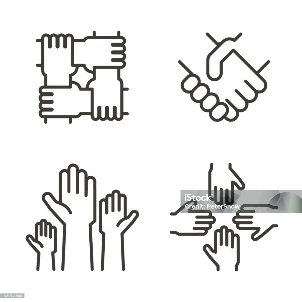 Conjunto de iconos de la mano que representa a la asociación, comunidad, caridad, trabajo en equipo, negocios, amistad y celebración. Diseño de icono de vector línea fina - arte vectorial de Ícono libre de derechos