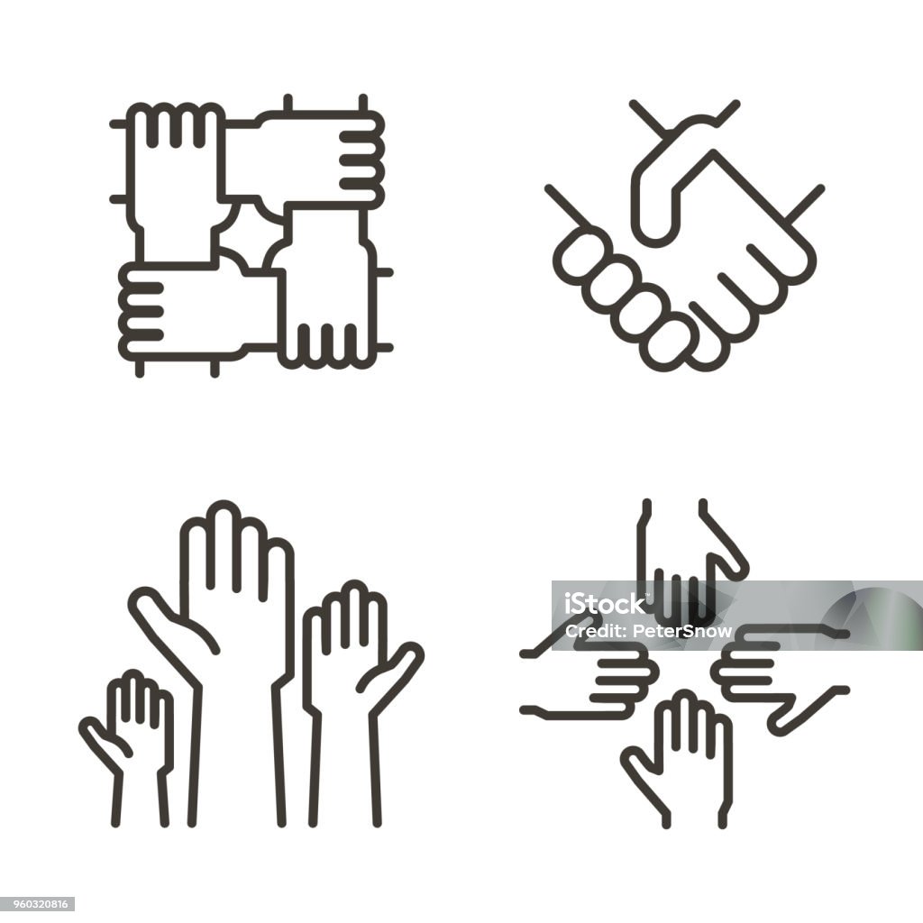 Set of hand icons representing partnership, community, charity, teamwork, business, friendship and celebration. Vector thin line icon design vector eps10 Icon Symbol stock vector