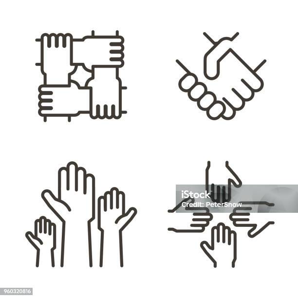 Set Of Hand Icons Representing Partnership Community Charity Teamwork Business Friendship And Celebration Vector Thin Line Icon Design Stock Illustration - Download Image Now