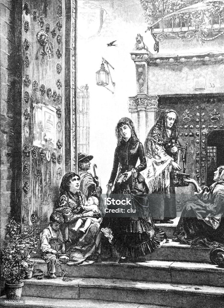 At the gate of the lost son of the cathedral in Toledo Illustration from 19th century Baby - Human Age stock illustration