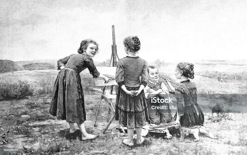 Children in the country paint at an easel Illustration from 19th century Easel stock illustration
