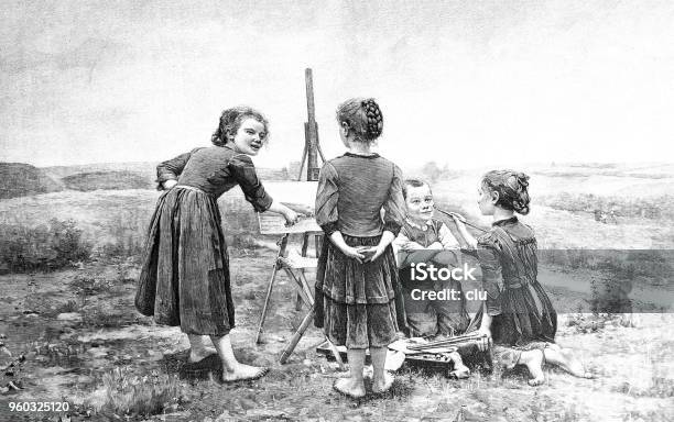 Children In The Country Paint At An Easel Stock Illustration - Download Image Now - Easel, Paint, Paintbrush