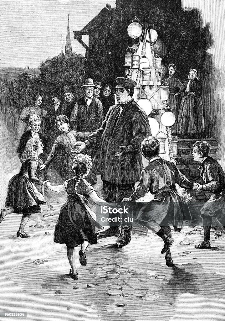 Lantern festival - children dance around a man Illustration from 19th century Dancing stock illustration