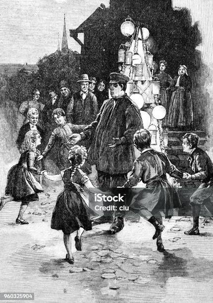 Lantern Festival Children Dance Around A Man Stock Illustration - Download Image Now - Dancing, Germany, Street