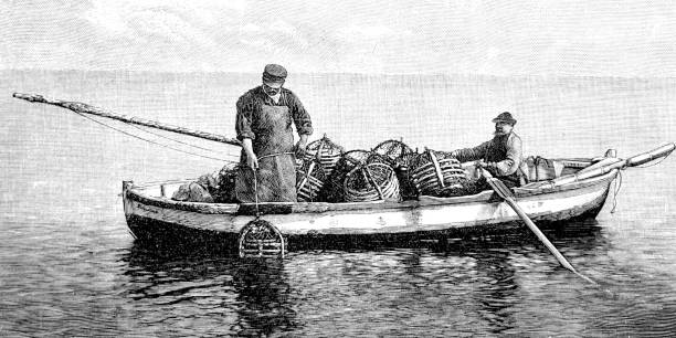 illustrations, cliparts, dessins animés et icônes de pêcheurs de homard mis des paniers de pêche en mer - 1898