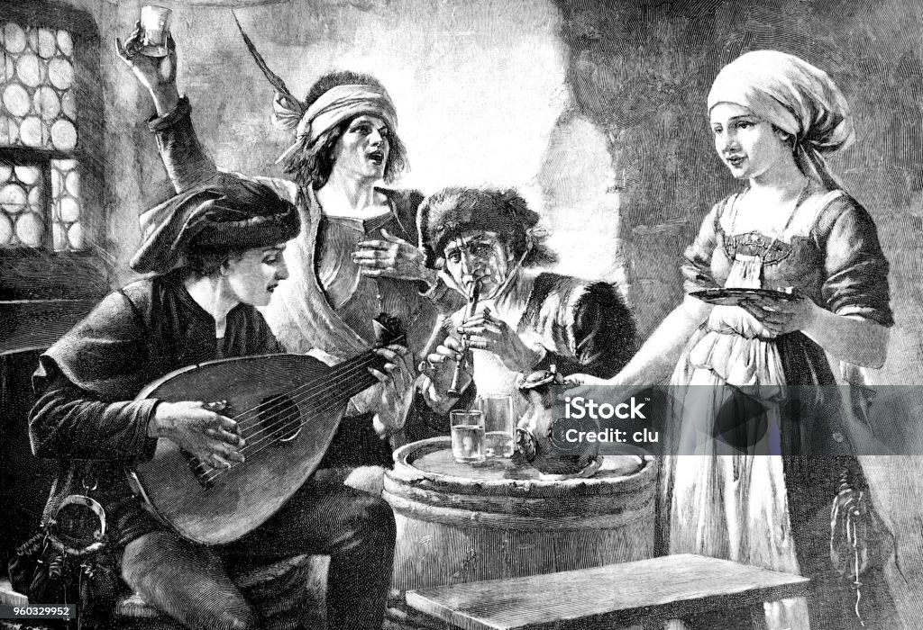 Three men making music in an inn Illustration from 19th century Antique stock illustration