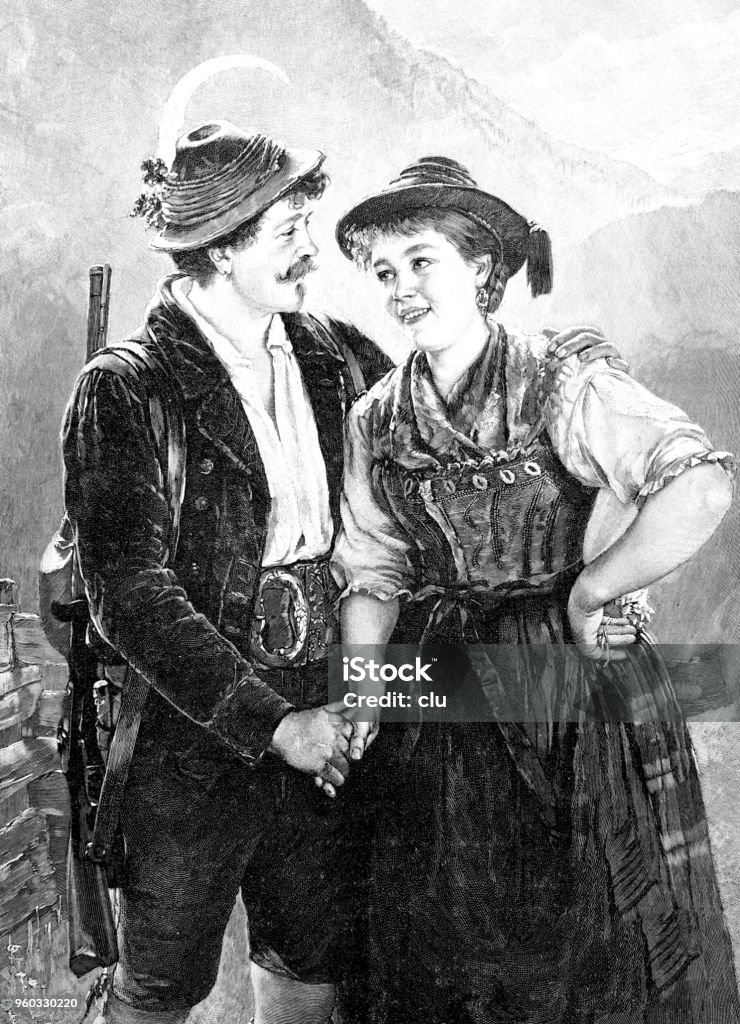 Young lovers in the mountains Illustration from 19th century 1890-1899 stock illustration