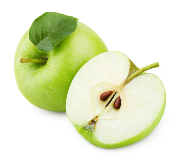 istock Green apple fruit with half and green leaf isolated on white 960333550