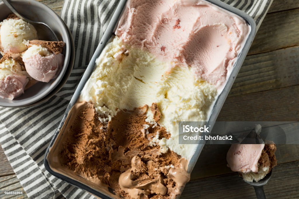 Homemade Neopolitan Ice Cream Homemade Neopolitan Ice Cream with Vanilla Chocolate and Strawberry Neapolitan - Ice Cream Stock Photo