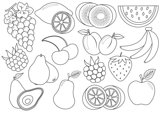 ilustraciones, imágenes clip art, dibujos animados e iconos de stock de libro de colorear. dibujos animados de frutas y bayas. iconos. ilustración de vector. - colorear