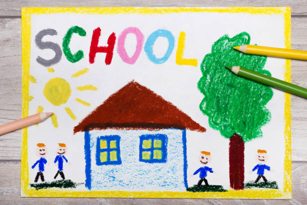 istock Colorful hand drawing: school building and smiling students 960337106